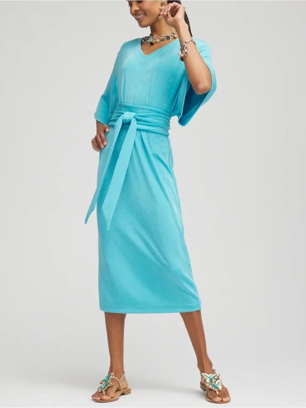 Chicos Travelers Turquoise Blue Kimono Sleeve Belted Midi Dress Size M Resort